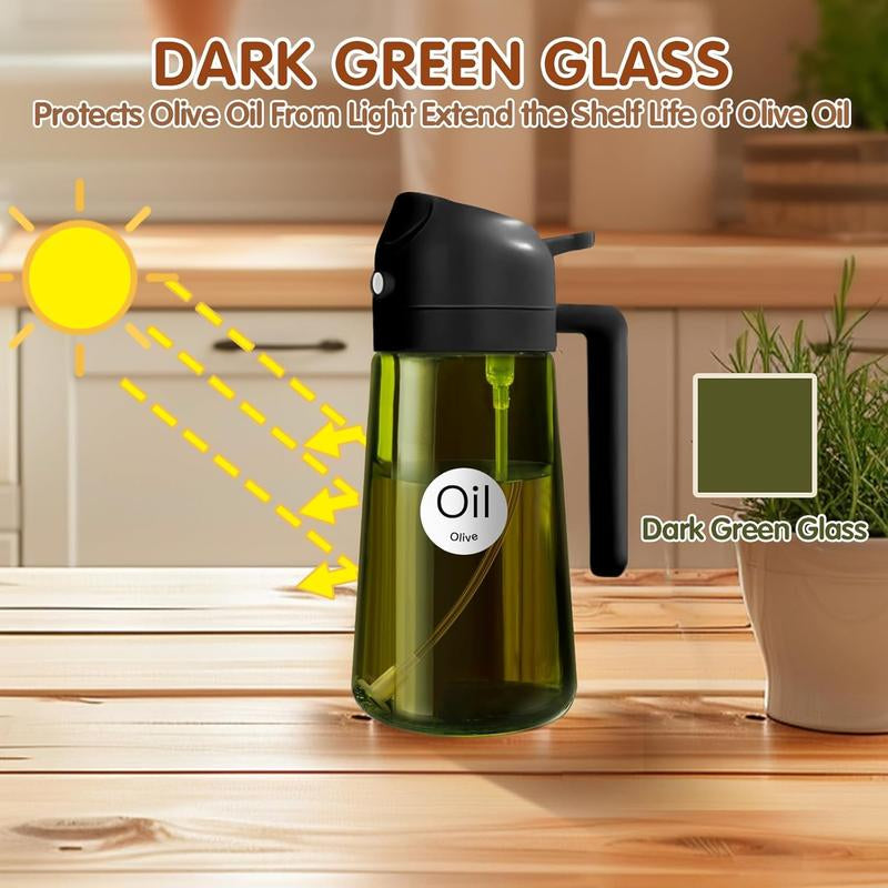 2 Counts 2 in 1 Oil Sprayer for Cooking 16Oz/470Ml Light-Blocking Dark , Olive Oil Dispenser Bottle for Kitchen, Premium Dark Green Glass Oil Bottle, Food-Grade Oil Mister for Air Fryer, BBQ