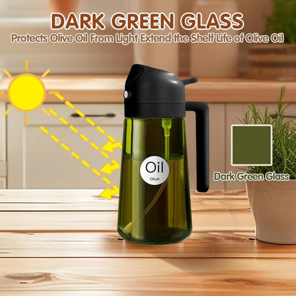 2 Counts 2 in 1 Oil Sprayer for Cooking 16Oz/470Ml Light-Blocking Dark , Olive Oil Dispenser Bottle for Kitchen, Premium Dark Green Glass Oil Bottle, Food-Grade Oil Mister for Air Fryer, BBQ