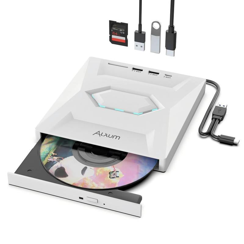 【Holiday Haul】Alxum Laptop DVD Player USB C 3.0 Portable CD Burner with SD/TF Card Slot & 3 USB Ports Compatible with Mac, Windows, Linux