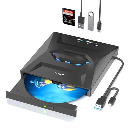 【Holiday Haul】Alxum Laptop DVD Player USB C 3.0 Portable CD Burner with SD/TF Card Slot & 3 USB Ports Compatible with Mac, Windows, Linux