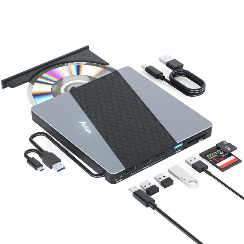 【Holiday Haul】Alxum Laptop DVD Player USB C 3.0 Portable CD Burner with SD/TF Card Slot & 3 USB Ports Compatible with Mac, Windows, Linux