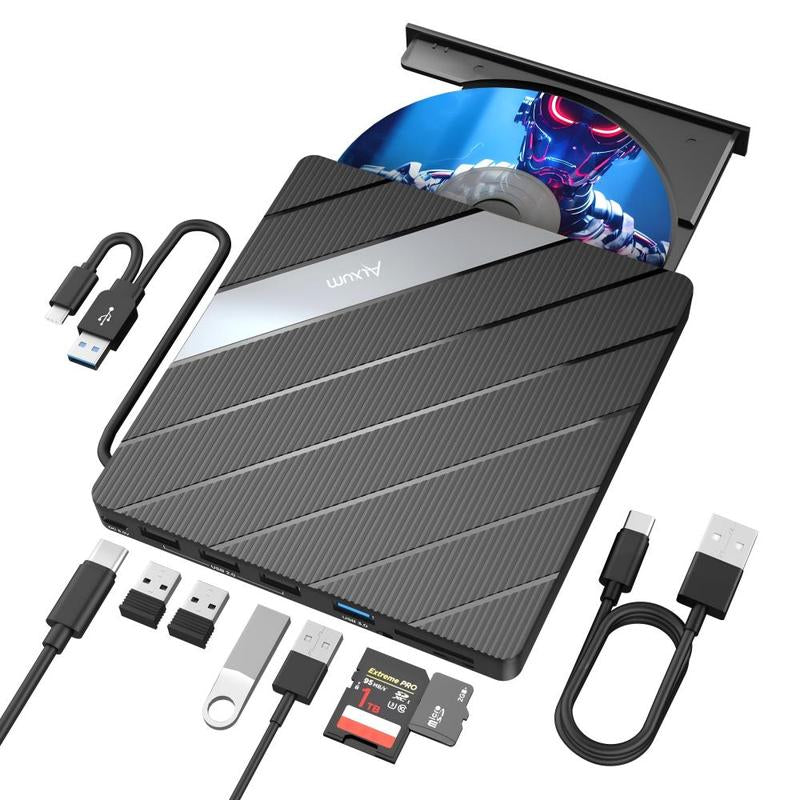 【Holiday Haul】Alxum Laptop DVD Player USB C 3.0 Portable CD Burner with SD/TF Card Slot & 3 USB Ports Compatible with Mac, Windows, Linux