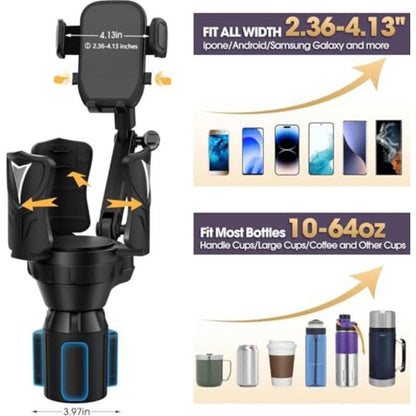 Car Cup Holder Phone Holder with Expandable Base 2 in 1 Cup Phone Holder Adapter for Car 360 Degree Rotating Neck Fits All Smartphones and Most Bottles
