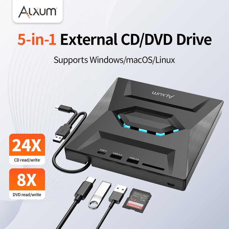 【Holiday Haul】Alxum Laptop DVD Player USB C 3.0 Portable CD Burner with SD/TF Card Slot & 3 USB Ports Compatible with Mac, Windows, Linux