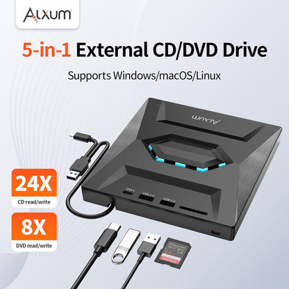 【Holiday Haul】Alxum Laptop DVD Player USB C 3.0 Portable CD Burner with SD/TF Card Slot & 3 USB Ports Compatible with Mac, Windows, Linux