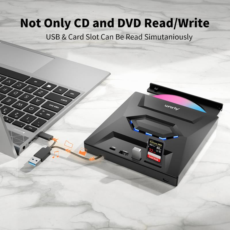 【Holiday Haul】Alxum Laptop DVD Player USB C 3.0 Portable CD Burner with SD/TF Card Slot & 3 USB Ports Compatible with Mac, Windows, Linux