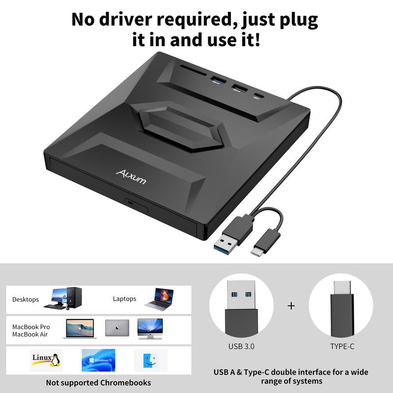 【Holiday Haul】Alxum Laptop DVD Player USB C 3.0 Portable CD Burner with SD/TF Card Slot & 3 USB Ports Compatible with Mac, Windows, Linux