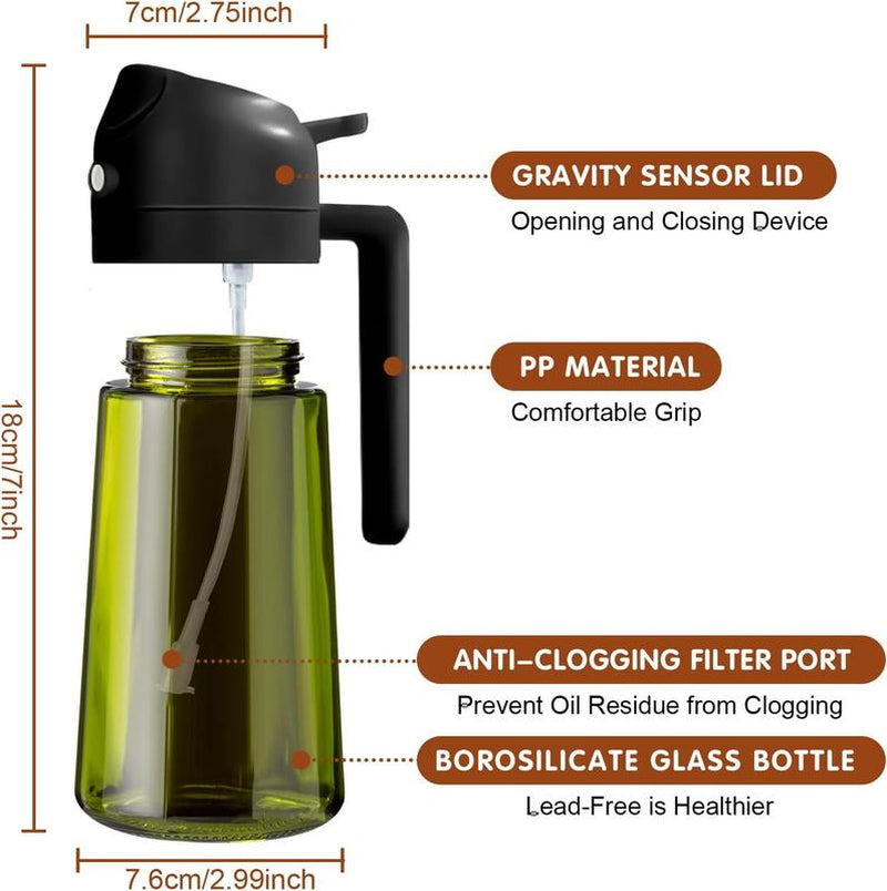 2 Counts 2 in 1 Oil Sprayer for Cooking 16Oz/470Ml Light-Blocking Dark , Olive Oil Dispenser Bottle for Kitchen, Premium Dark Green Glass Oil Bottle, Food-Grade Oil Mister for Air Fryer, BBQ